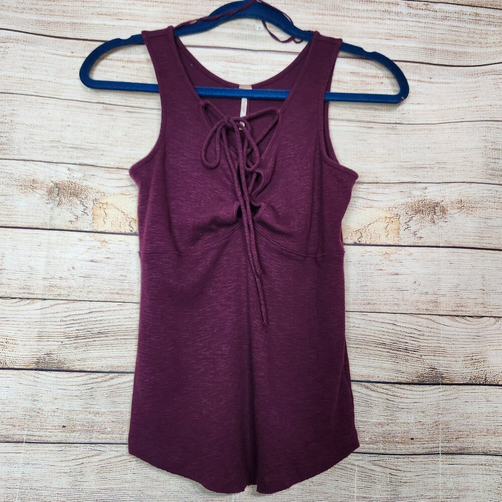 Free People Emmy Lou Ribbed Tank Top Lace Up Tie Front Purple Wine Size S/P